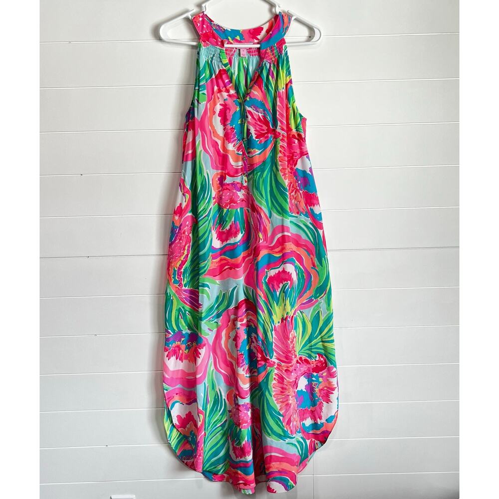 Lilly Pulitzer Silk Bailey Floral Print Midi Dress size Medium Pink Green